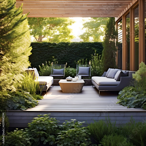 Sustainable Outdoor Oasis: Modern and minimalist terrace that emphasizes sustainability, integrating eco-friendly materials, low-maintenance plantings, and efficient outdoor furniture. AI Generated