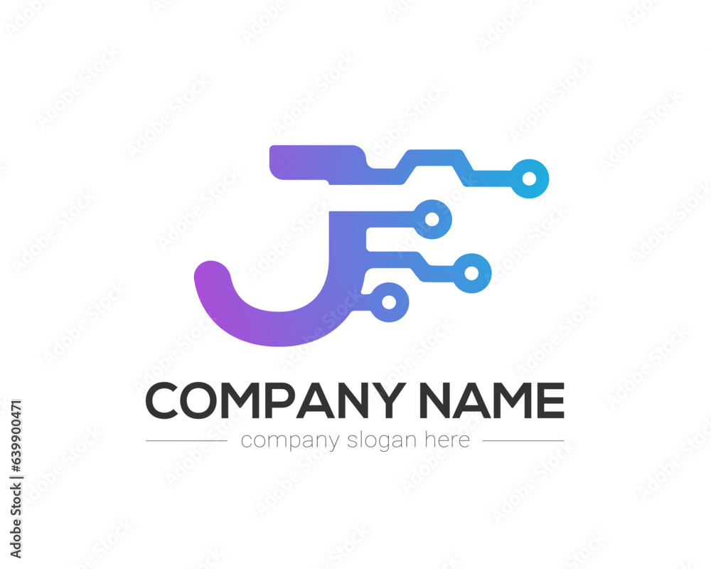 J Letter Tech Logo Design Vector Template.
J Letter Icon Design with Digital Circuit Connection Symbol.
Motion Speed Line Letter J Logo Element.