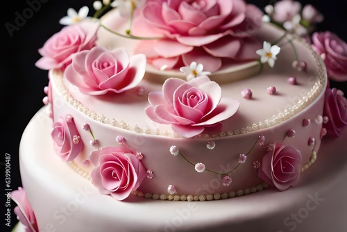 wedding cake with pink roses generated ai