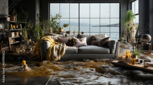 Flooding in the house interior, destroying furniture and structure 