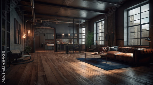 luxury studio apartment with a free layout in a loft style in dark colors. Stylish modern room area with wooden floor parquet and 3d panel wall.