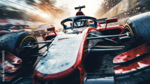 F1 racing car in full throttle during a high-stakes race. The car's sleek design and vibrant colors streak across the track, showcasing the incredible speed and precision of Formula 1 racing.