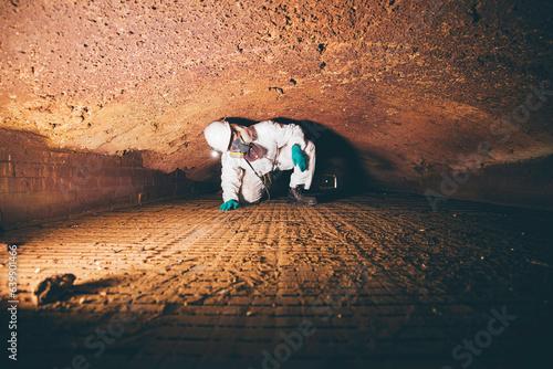 Male worker inspecting belt refractory bricks of coil heater gas equipment of boiler room. Steel structure cleaning and maintenance of industrial steam boilers in dangerous