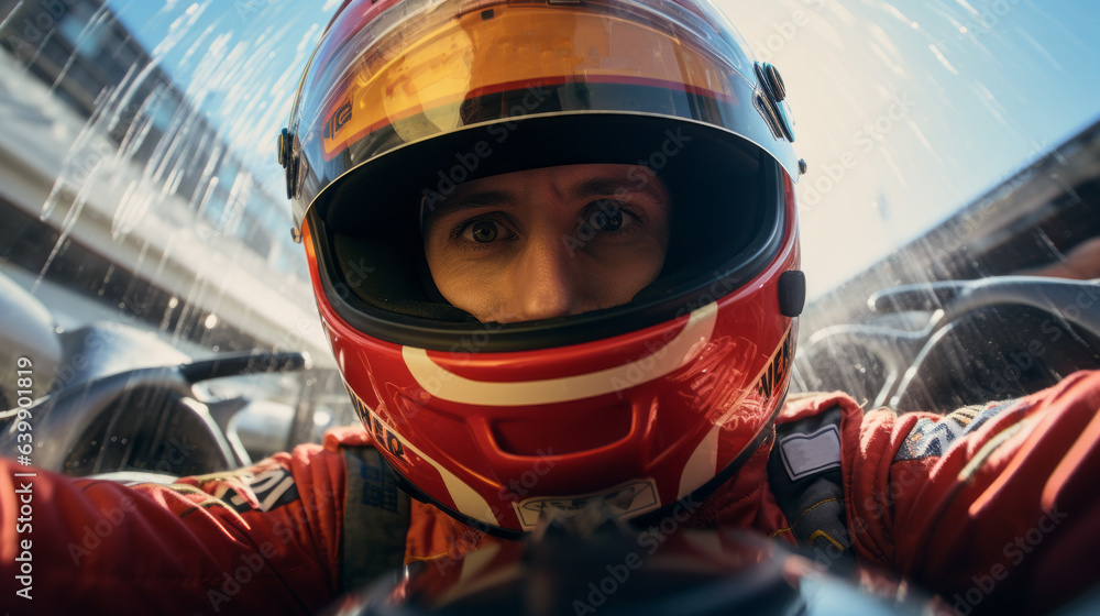 Skilled F1 pilot taking a dynamic selfie from the inside of their high-speed cockpit Skilled F1 pilot taking a dynamic selfie from the inside of their high-speed cockpit