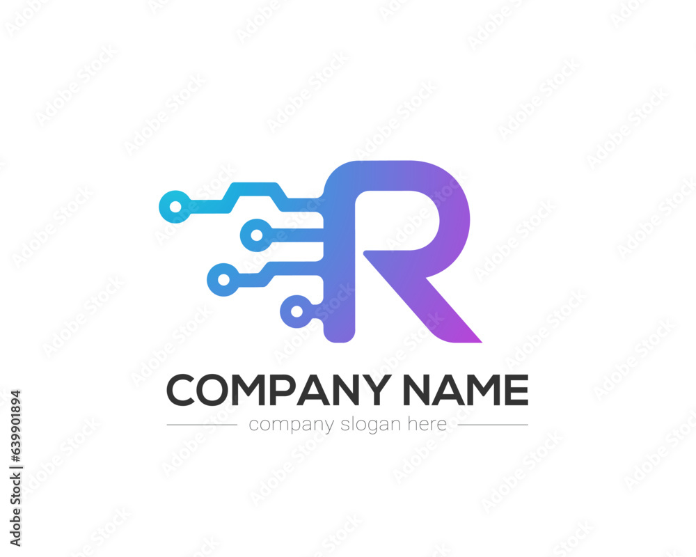 R Letter Tech Logo Design Vector Template.
R Letter Icon Design with Digital Circuit Connection Symbol.
Motion Speed Line Letter R Logo Element.