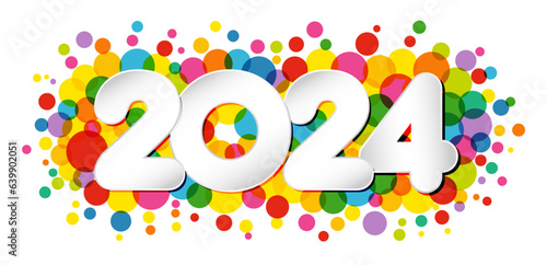 A Happy New Year 2024 horizontal banner. Decorative concept. Greeting card design. Creative colorful icon, modern white paper number 20 24. White background. Abstract texture with transparency.