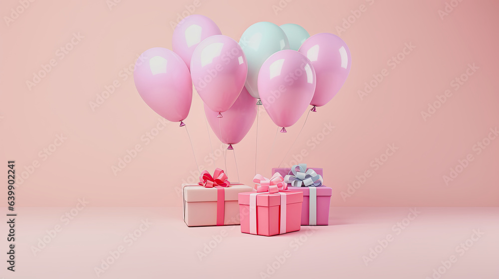 generative ai illustration of pastel colored party balloons hanging on gift boxes with copy space