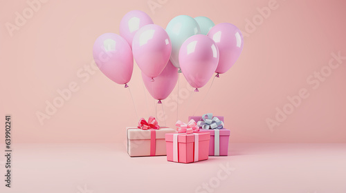 generative ai illustration of pastel colored party balloons hanging on gift boxes with copy space © Claudia Nass