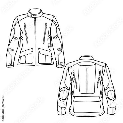 Technical sketch drawing of waterproof racing jacket line art, flat sketch, front and back view, isolated on white background, suitable for your  jacket racing, editable color and stroke.