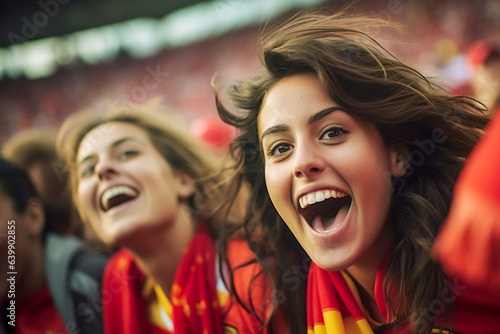 Aficionadas españolas de fútbol en un estadio de la Copa del Mundo celebrando el campeonato de la selección nacional de fútbol de España.
 photo