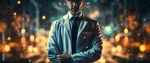 Confident Doctor Posed Against Blue Background.