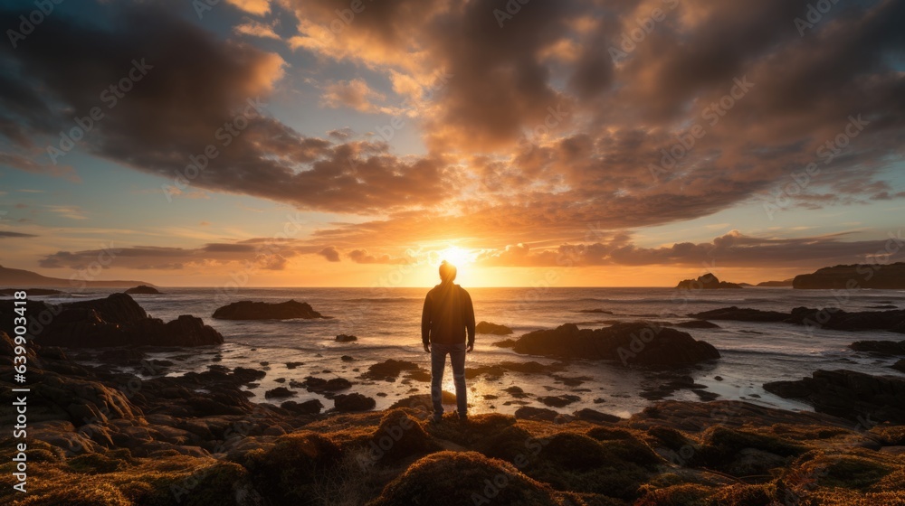Photo of man with his back turned, watching the sunset on the seashore.