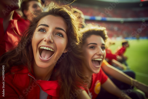 Aficionadas españolas de fútbol en un estadio de la Copa del Mundo celebrando el campeonato de la selección nacional de fútbol de España.
