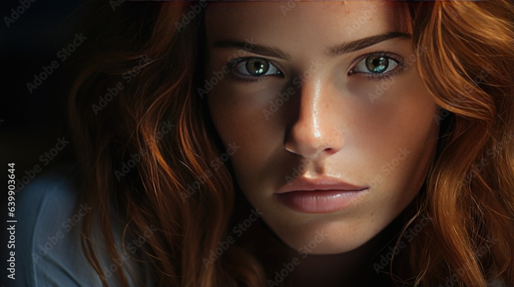 Close-up photo of sad orange haired woman. Close-up photo of sad orange haired woman.