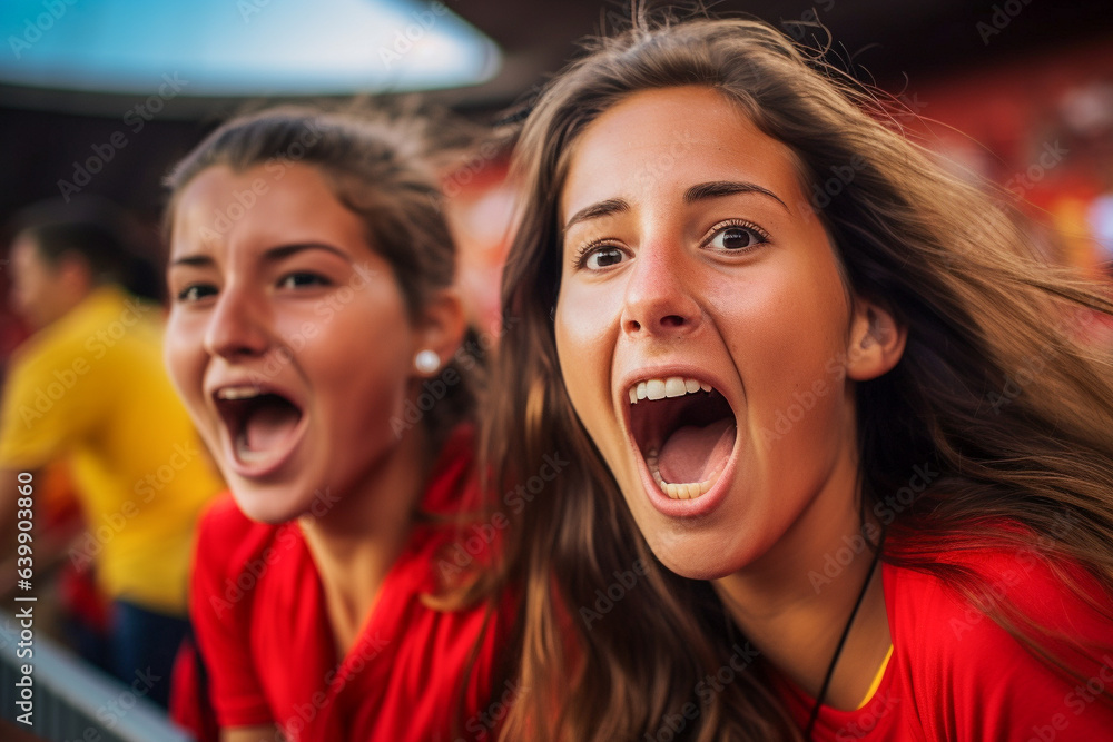Aficionadas españolas de fútbol en un estadio de la Copa del Mundo celebrando el campeonato de la selección nacional de fútbol de España.
 - obrazy, fototapety, plakaty 