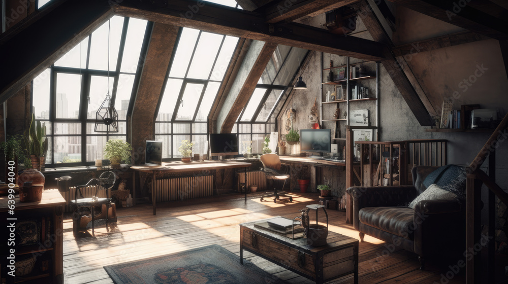 Masculine style attic apartment with natural sunlight, simple clean minimalist style walls and furnishings.