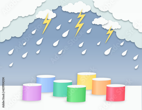 Seven rainbow empty podiums vector, cloudy sky, thunders and raindrops, papercut 3d cartoon illustration