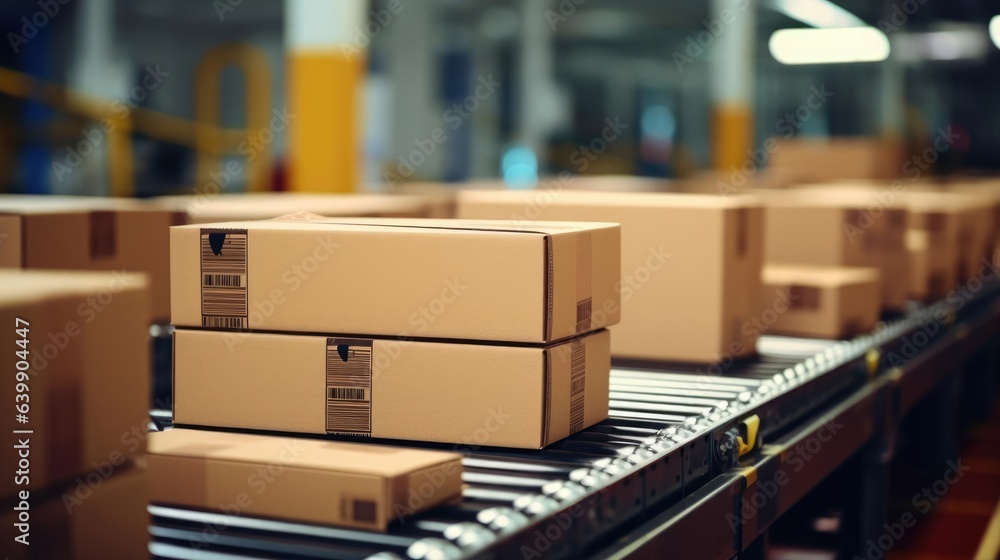 Close up carton boxes on conveyor belt Close up carton boxes on conveyor belt