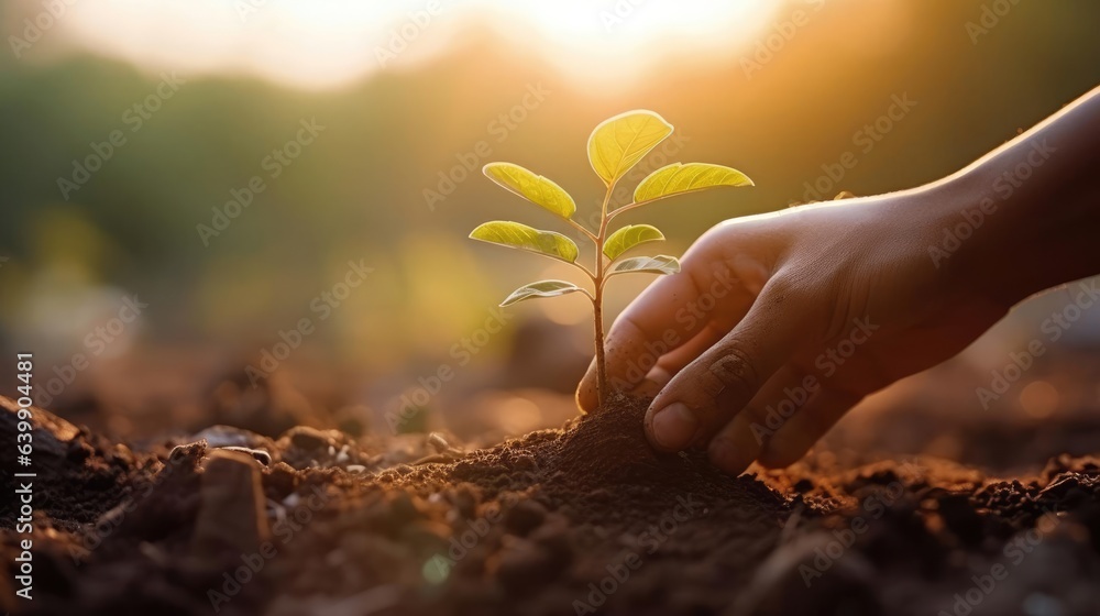 Fototapeta premium close up hand holding young tree planting in sunset