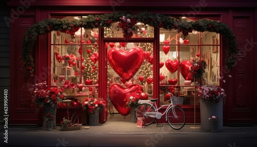 Photo of a bicycle parked in front of a store window decorated for Valentine's Day