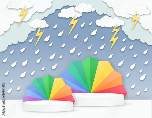 Heavy rain and thunders 3d papercut design, rainbow colors paper fan and empty displays,cartoon  raining podium set