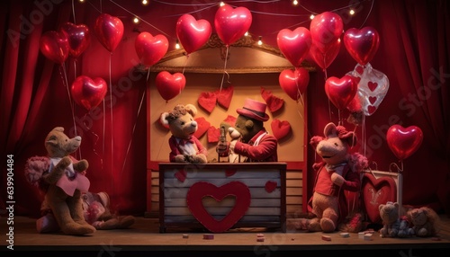 Photo of a charming display of teddy bears adorned with heart-shaped balloons
