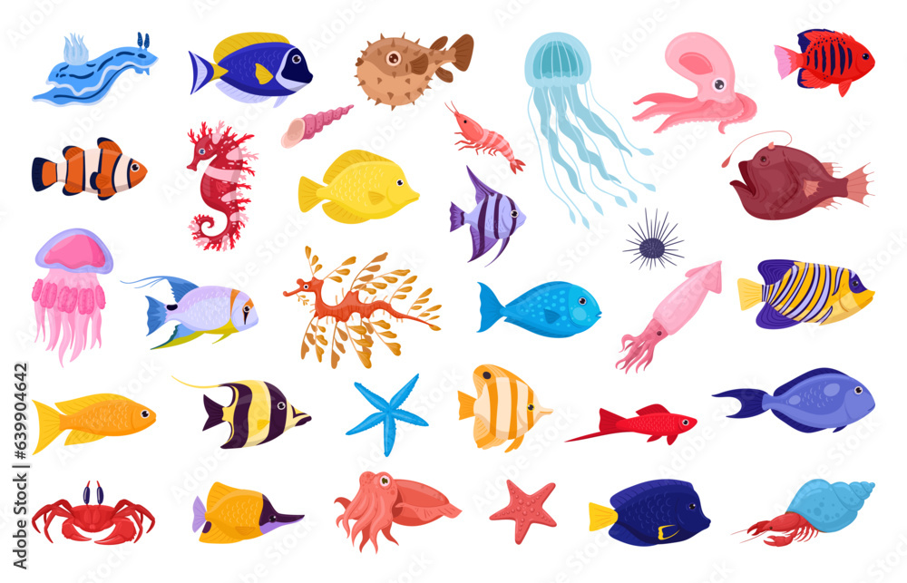 Exotic sea animals. Cartoon tropical underwater fish, jellyfish and seahorse, saltwater creatures flat vector illustration set. Tropical ocean fauna