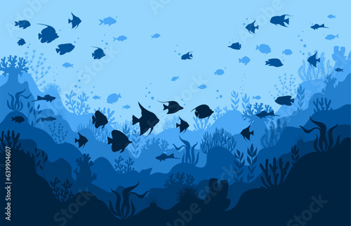 Cartoon underwater view. Ocean or sea landscape with fish, underwater animals and plants flat vector illustration. Coral reef fauna background