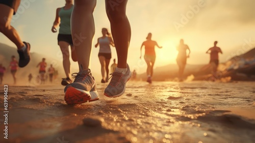 Close up legs of runner group run on beach of sea with sunrise