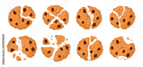 Cookie crumbs. Cartoon chocolate chip biscuits with crumbs. Homemade chocolate oatmeal cookies flat vector illustration set. Tasty crunchy cookies