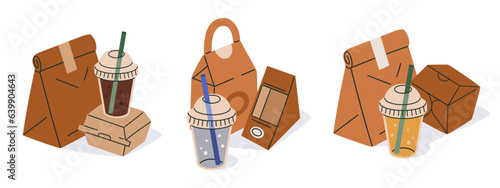 Fast food paper packaging. Takeaway paper or cardboard containers, food delivery paper bag, box and plastic cup. Disposable food boxes flat vector illustration set