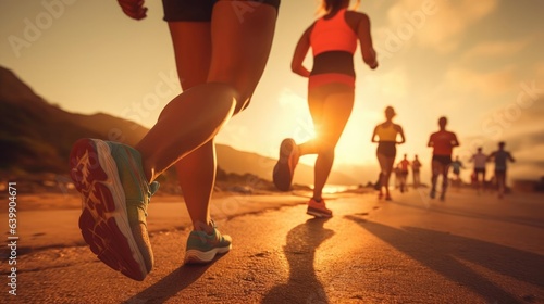 Close up legs of runner group run on beach of sea with sunset