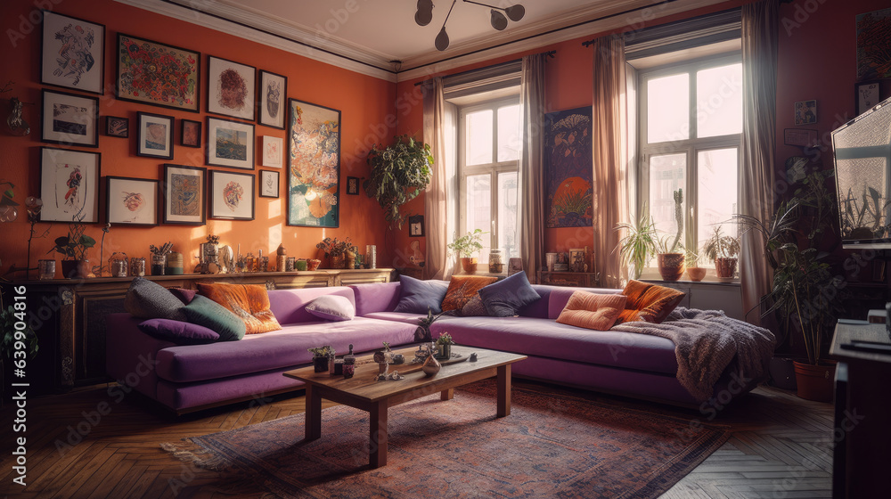 Maximalist and eclectic interior of a large living room with a corner sofa and paintings on the walls. Light yellow and lavender tones.