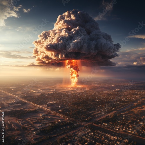 Nuclear explosion day or night. Stormy sky, shock wave against the background of a nuclear fungus in the process of releasing thermal and radiant energy as a result of an uncontrolled nuclear fission 