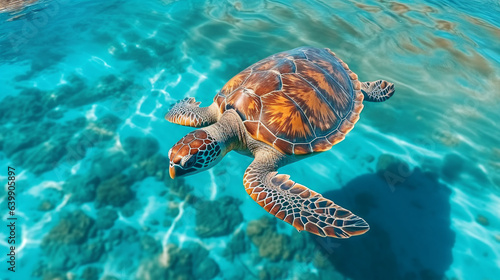 Turtle swimming in the turquoise sea water