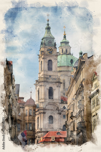 St Nicholas Church in Prague, Czech Republic in watercolor illustration style