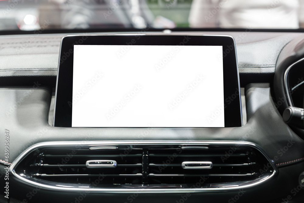 White mockup of digital display screen on the dashboard of a modern car White mockup of digital display screen on the dashboard of a modern car