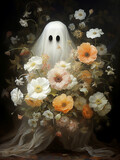 Cute ghost with a bouquet flowers in her hands