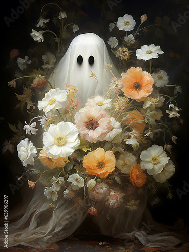Cute ghost with a bouquet flowers in her hands
