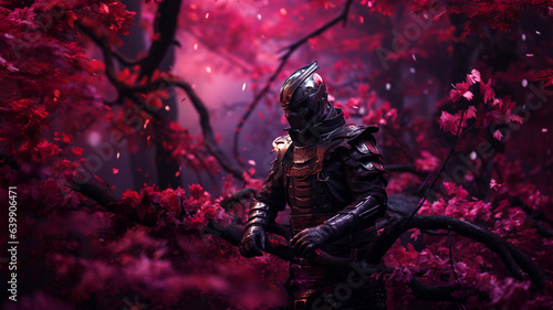 Samurai in beautiful iron armor in a magical forest with neon lights  movie concept