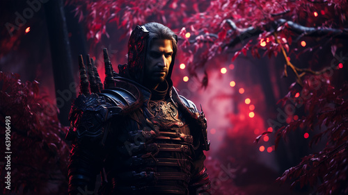 Samurai in beautiful iron armor in a magical forest with neon lights, movie concept photo