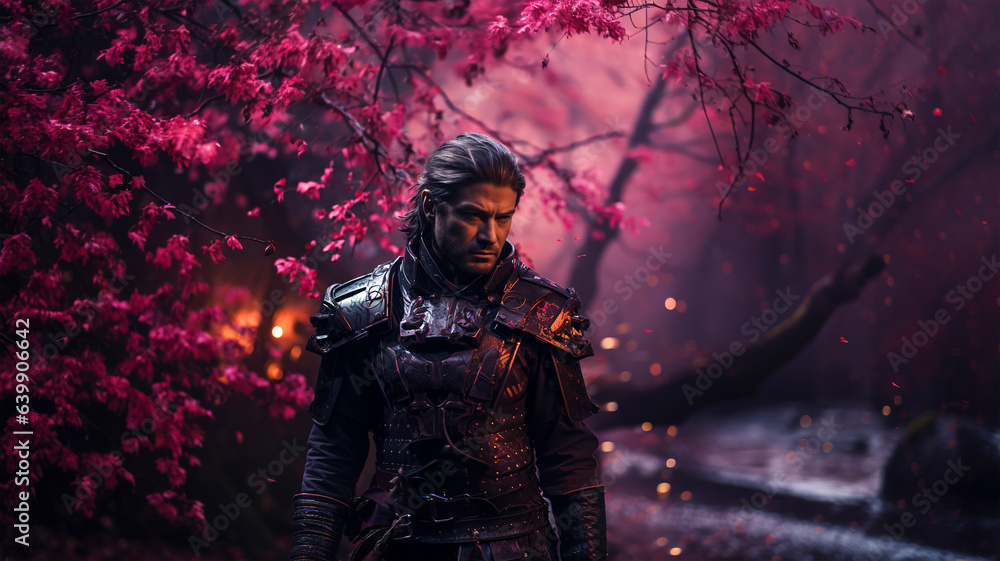 Samurai in beautiful iron armor in a magical forest with neon lights, movie concept Samurai in beautiful iron armor in a magical forest with neon lights, movie concept