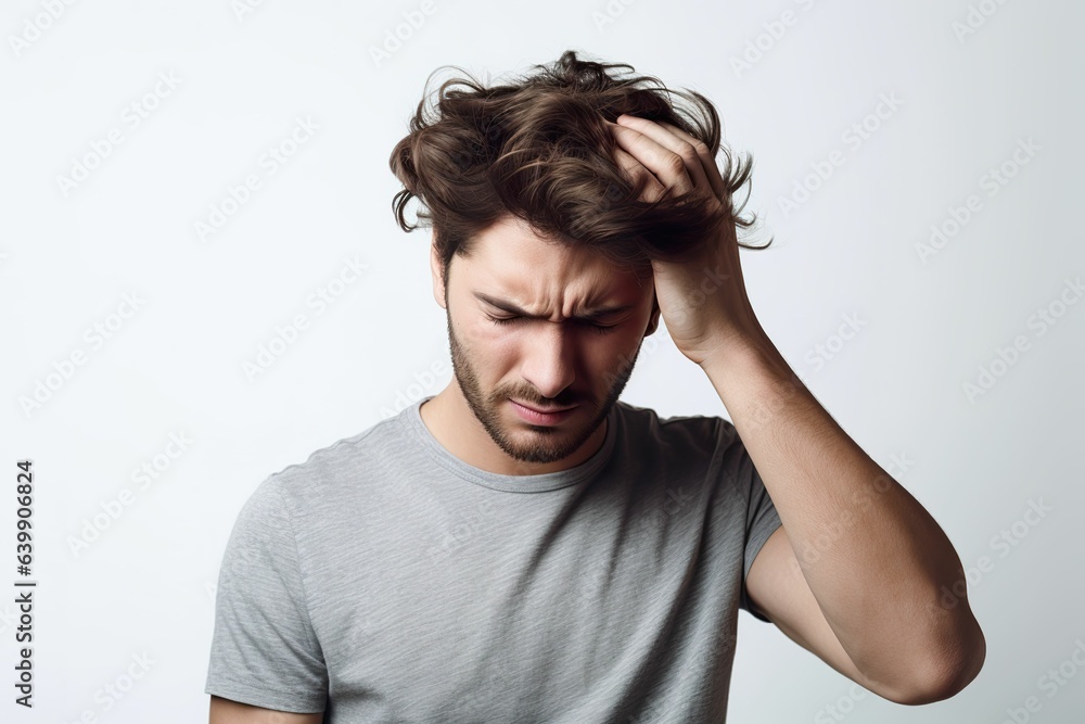 A man with a pained expression, remorseful man, frustrated man, sad and distressed man, man with a headache