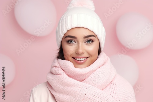 Young woman with winter knitted hat and scarf on pink background, close-up of young model in winter clothes, winter sale, young woman's new year outfit