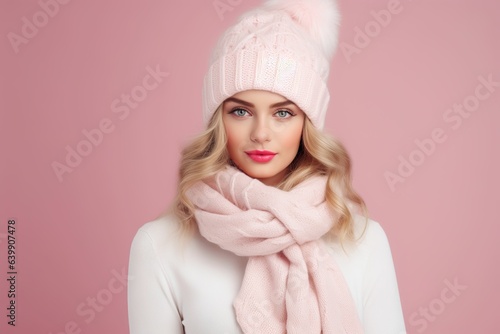 Young woman with winter knitted hat and scarf on pink background, close-up of young model in winter clothes, winter sale, young woman's new year outfit