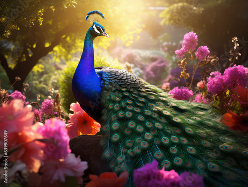 Graceful Peacock Amidst Beautiful Flowers.