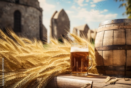 Barley and beer on blurred monastery background, traditional beer brewing, brewery in Europe
