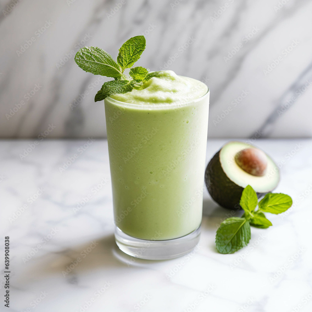 Avocado smoothie on a white marble counter. Refreshing beverage Avocado smoothie on a white marble counter. Refreshing beverage