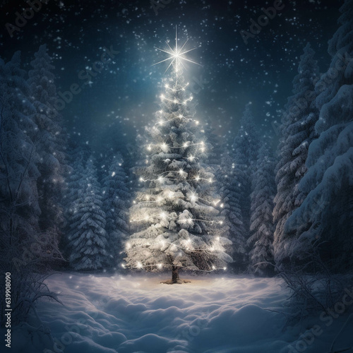 Lighted Christmas tree in the middle of a forest covered by snow. Winter season