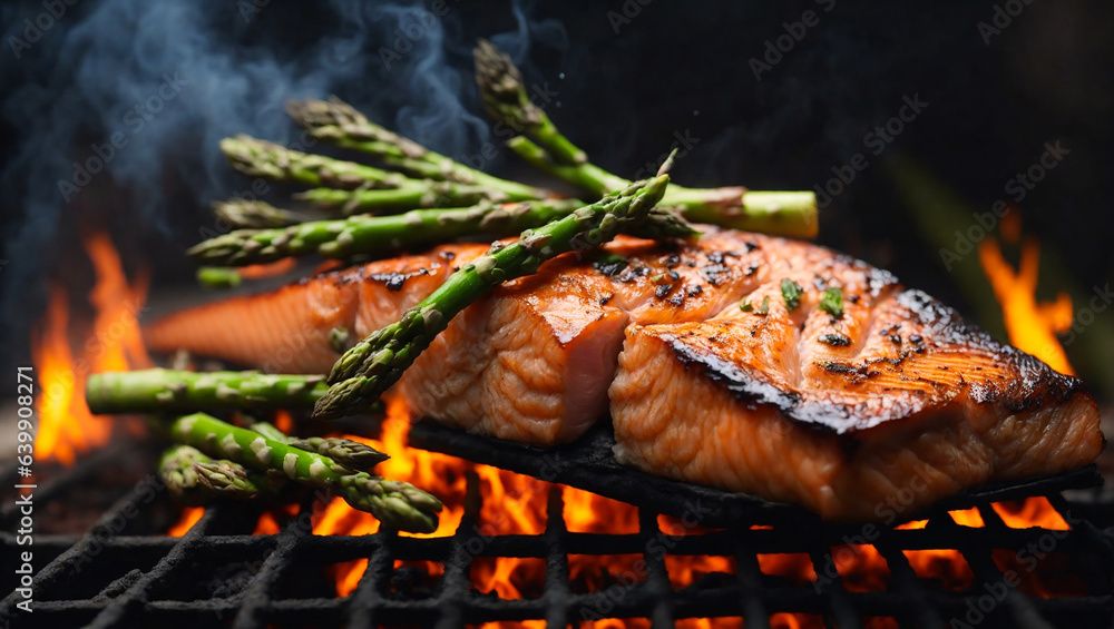Grilled salmon steak with asparagus, fire, smoke Grilled salmon steak with asparagus, fire, smoke
